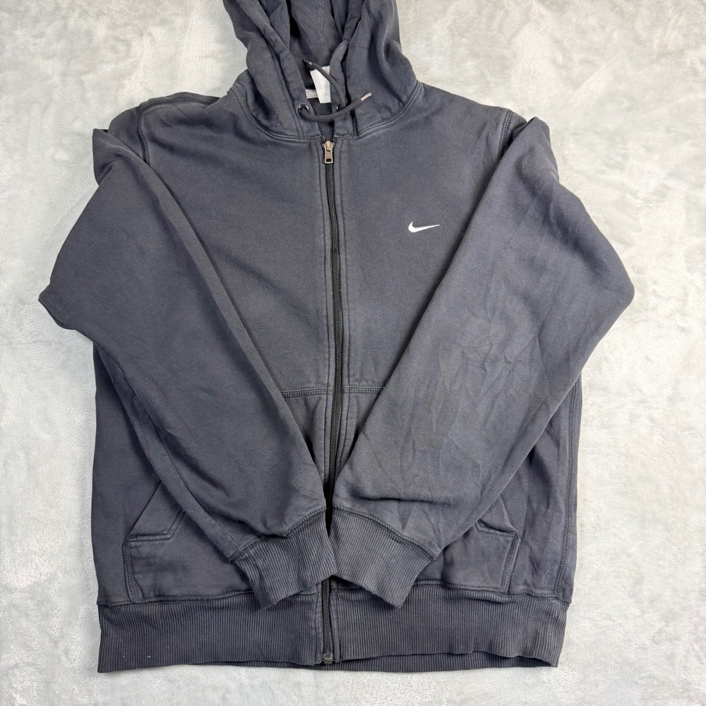 NIKE Vintage Y2K Mens M Gray Full Zip Fleece Hoodie White Mini Swoosh Logo